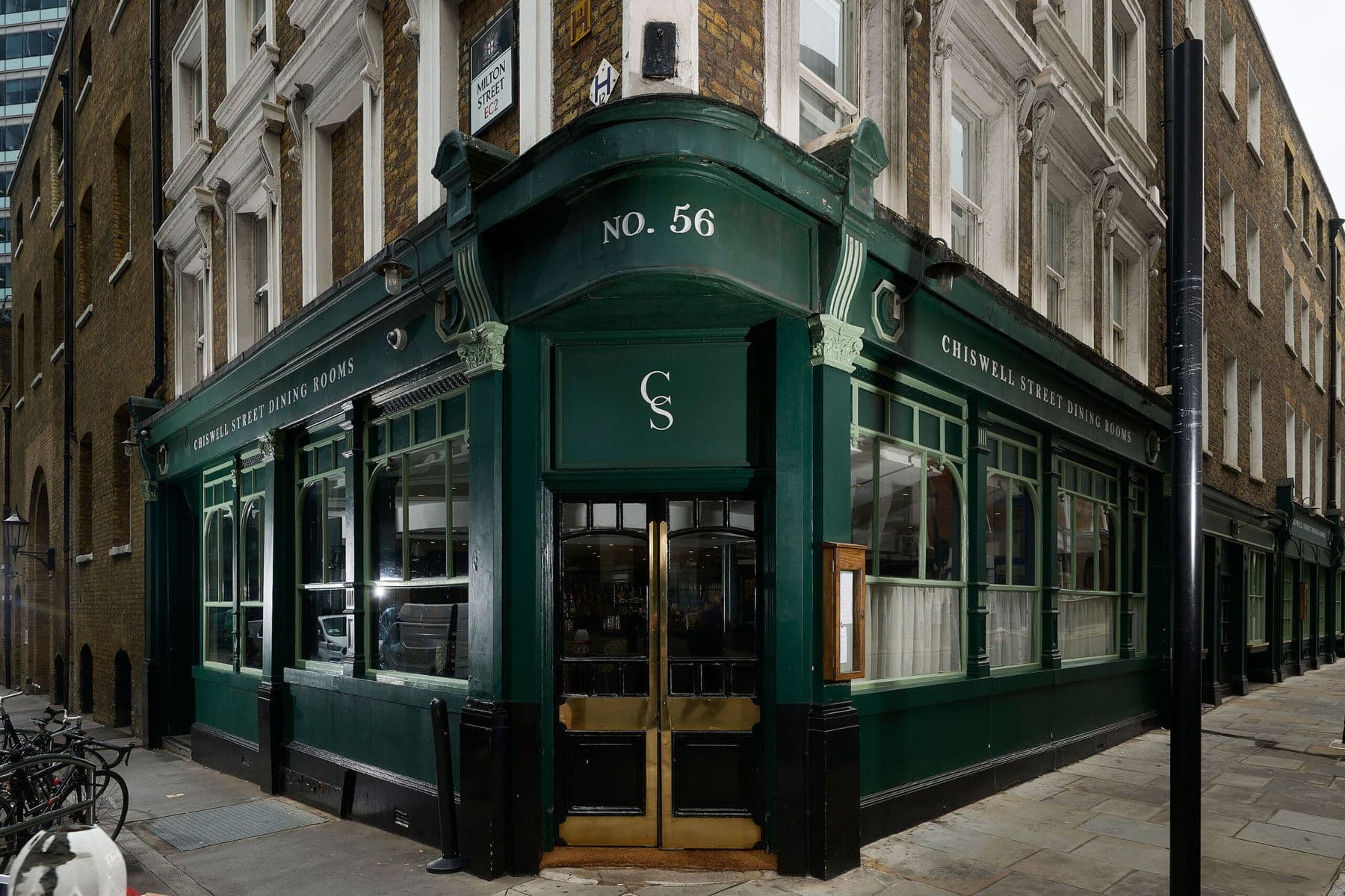 The corner entrance of Chiswell Street Dining Rooms, London EC1